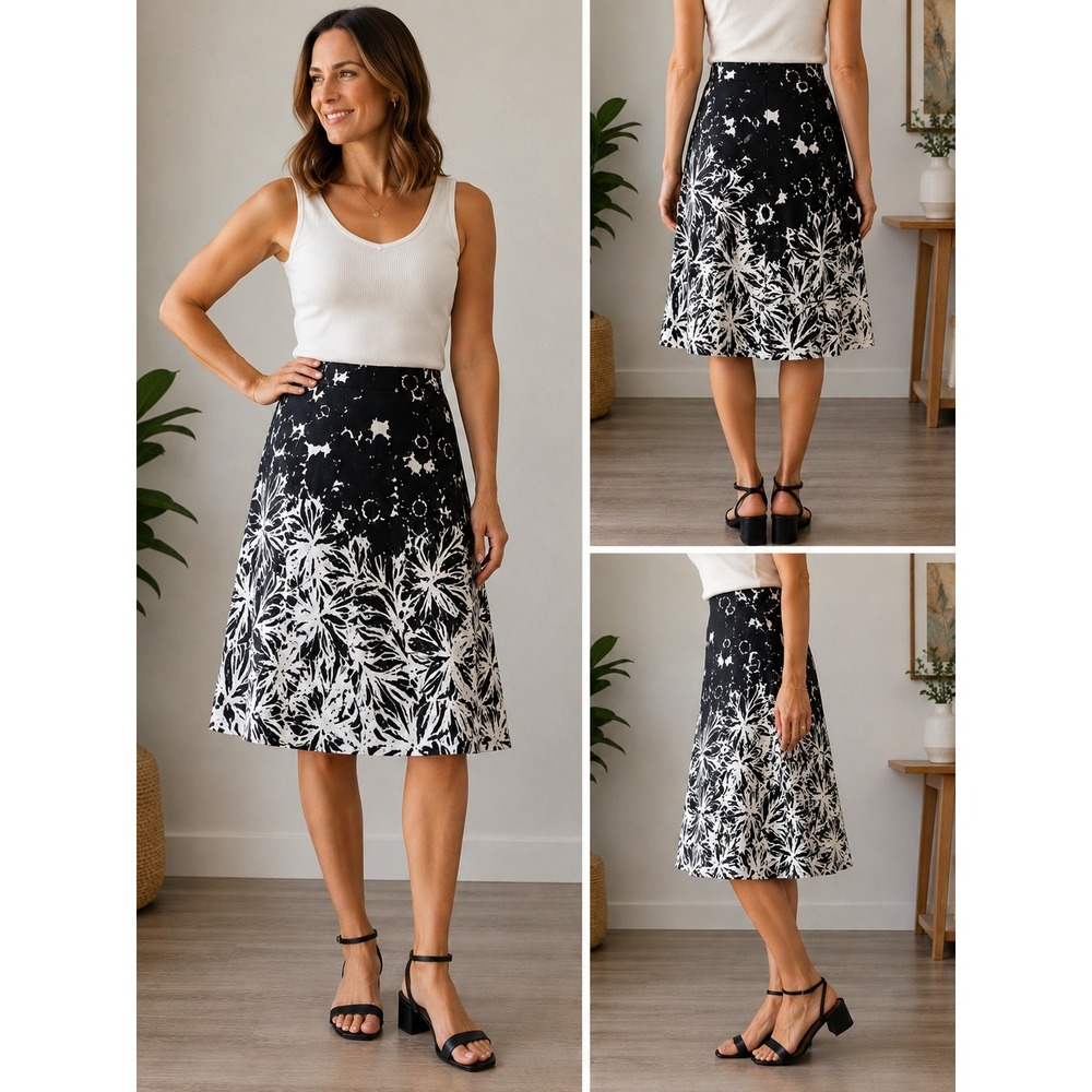 Coldwater Creek Black White Linen Floral A-Line Midi Skirt Size 8 Small